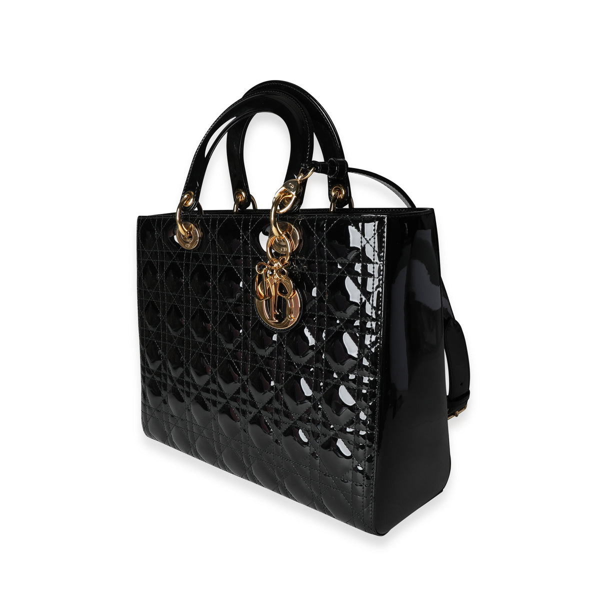 Dior Black Cannage Patent Calfskin Large Lady Dior Bag