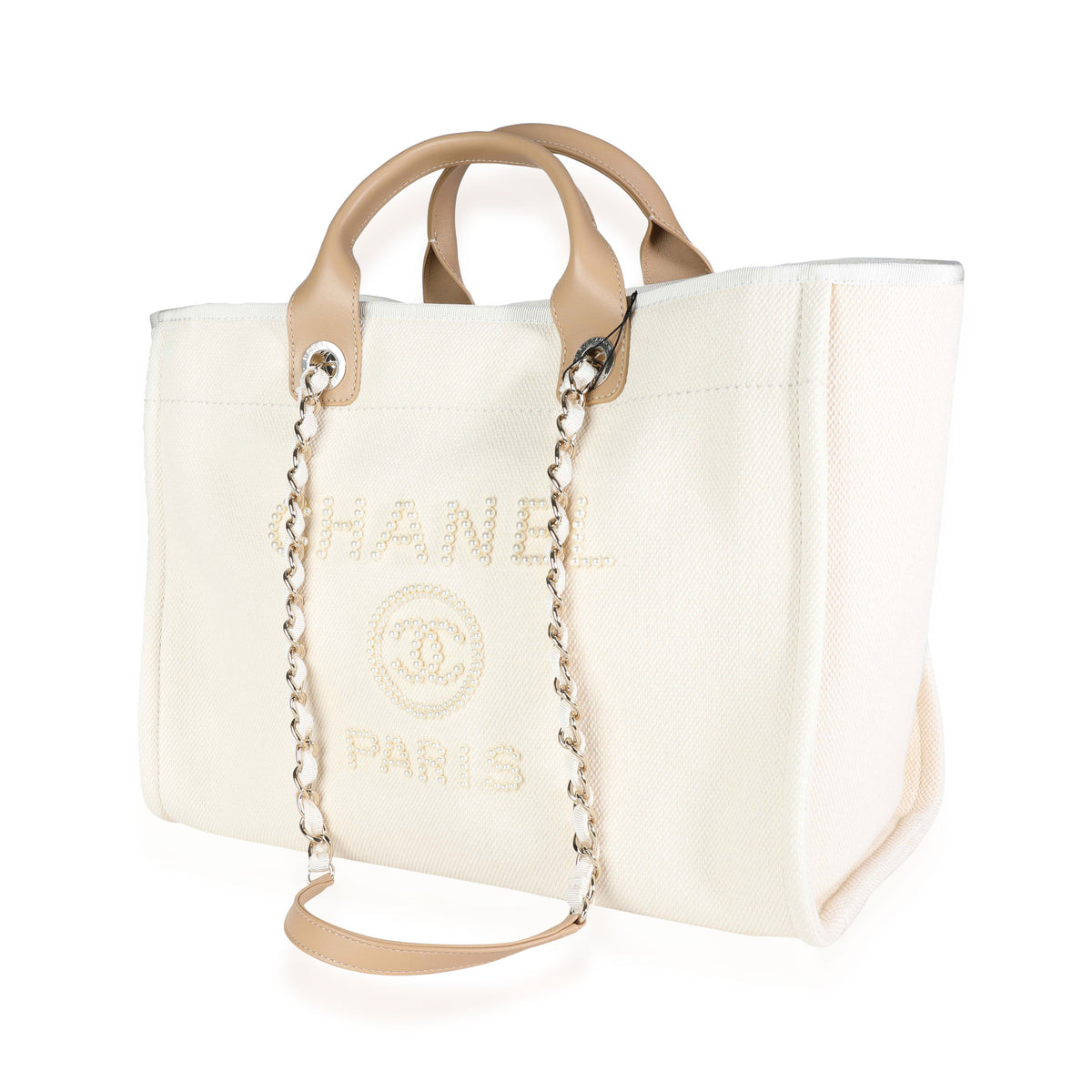 Chanel Natural Canvas and Tan Leather Large Pearl Deauville Tote