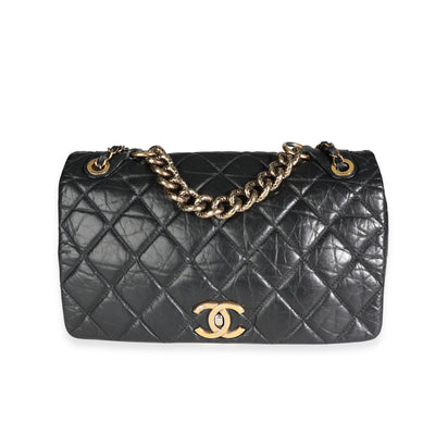 Chanel Paris-Bombay Black Aged Quilted Calfskin Pondicherry Flap Bag