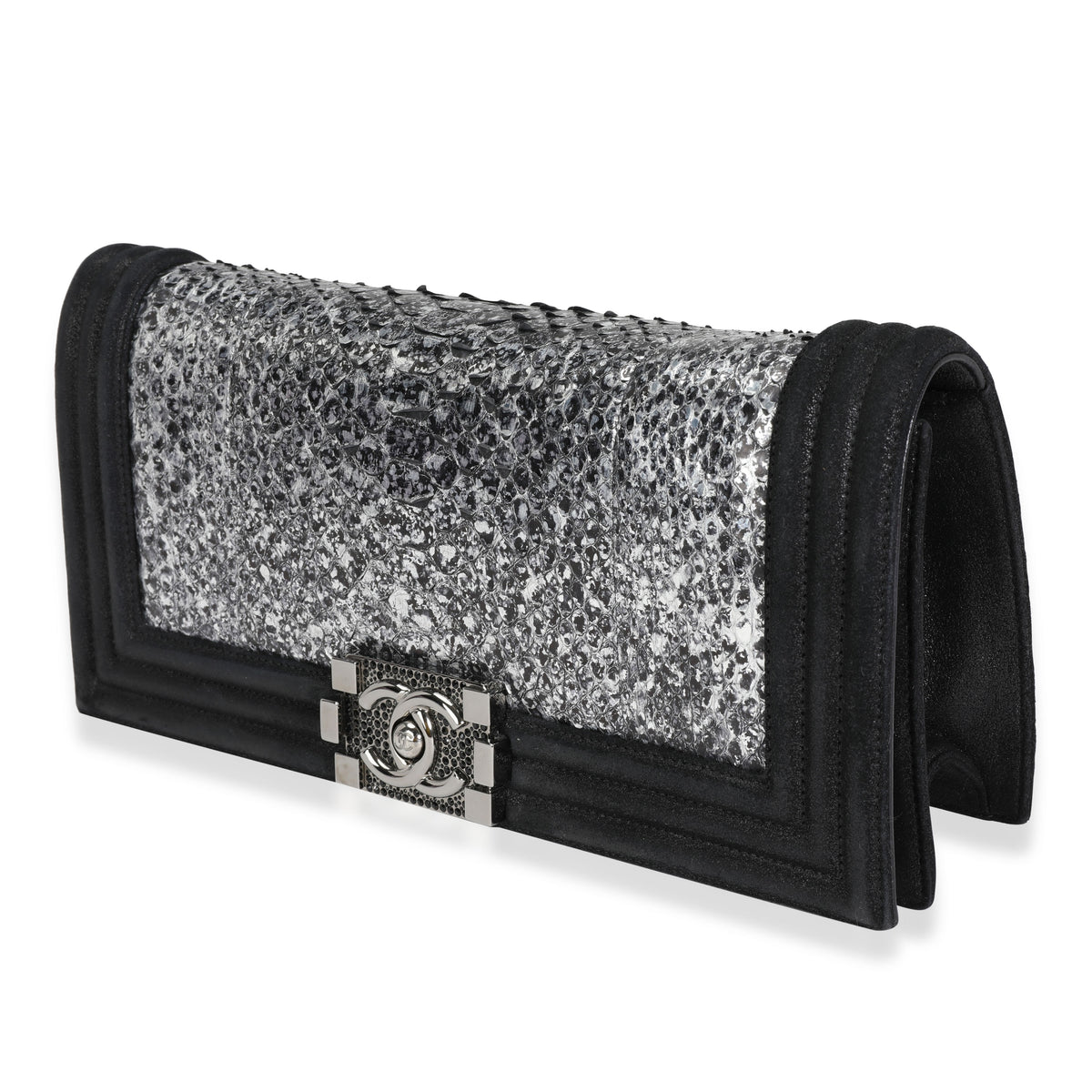 Chanel Metallic Python & Black Suede Crystal Boy Clutch