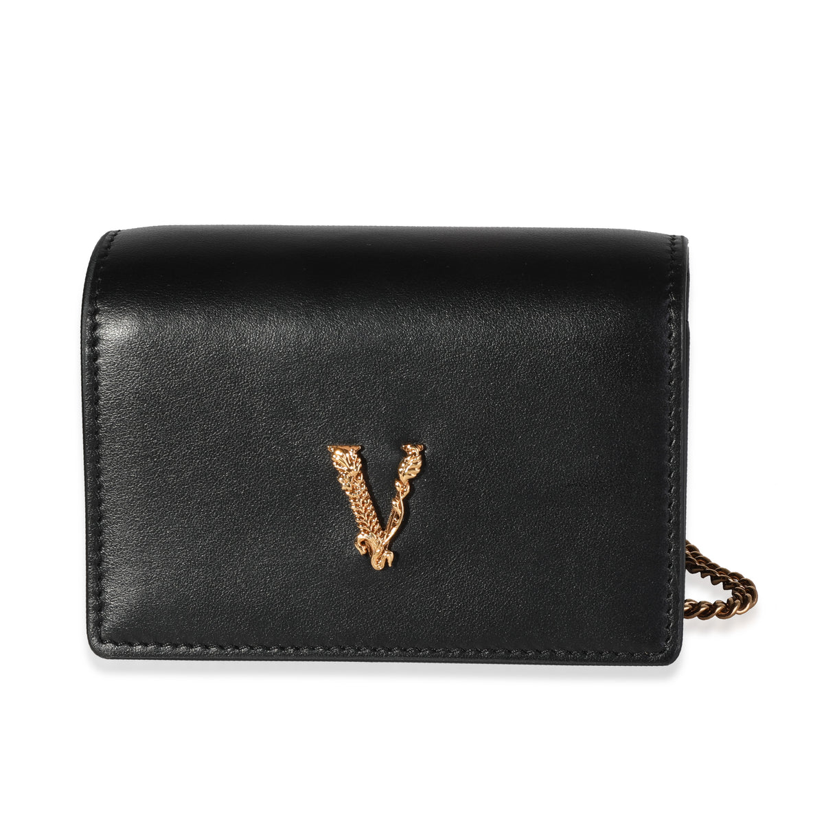Versace Black Leather Virtus Mini Chain Wallet