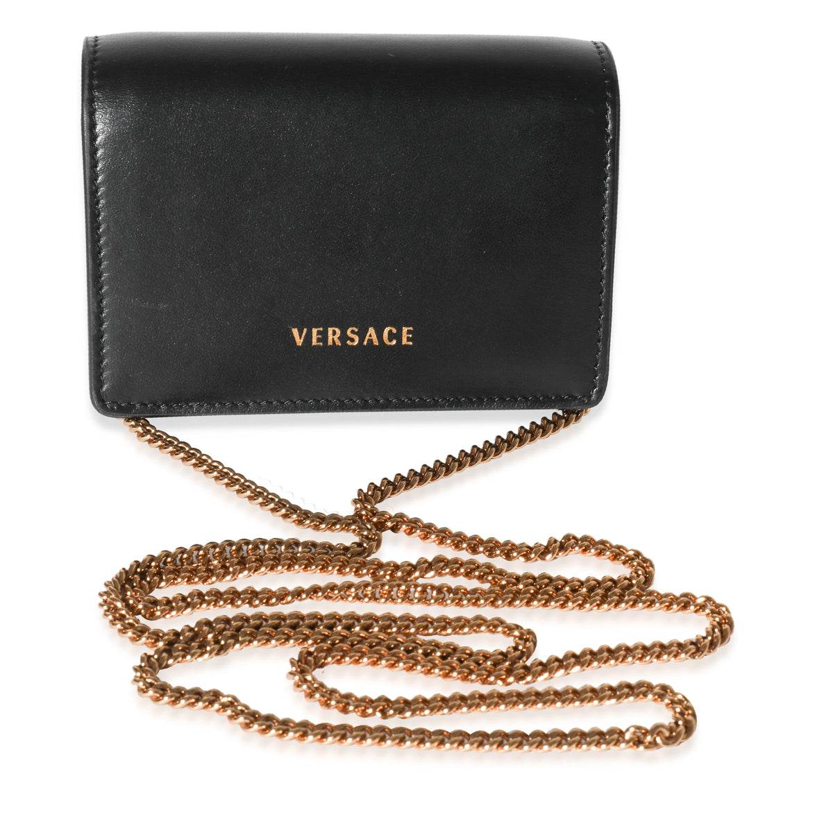 Versace Grainy Calfskin Virtus V Mini Wallet Chain Crossbody Black
