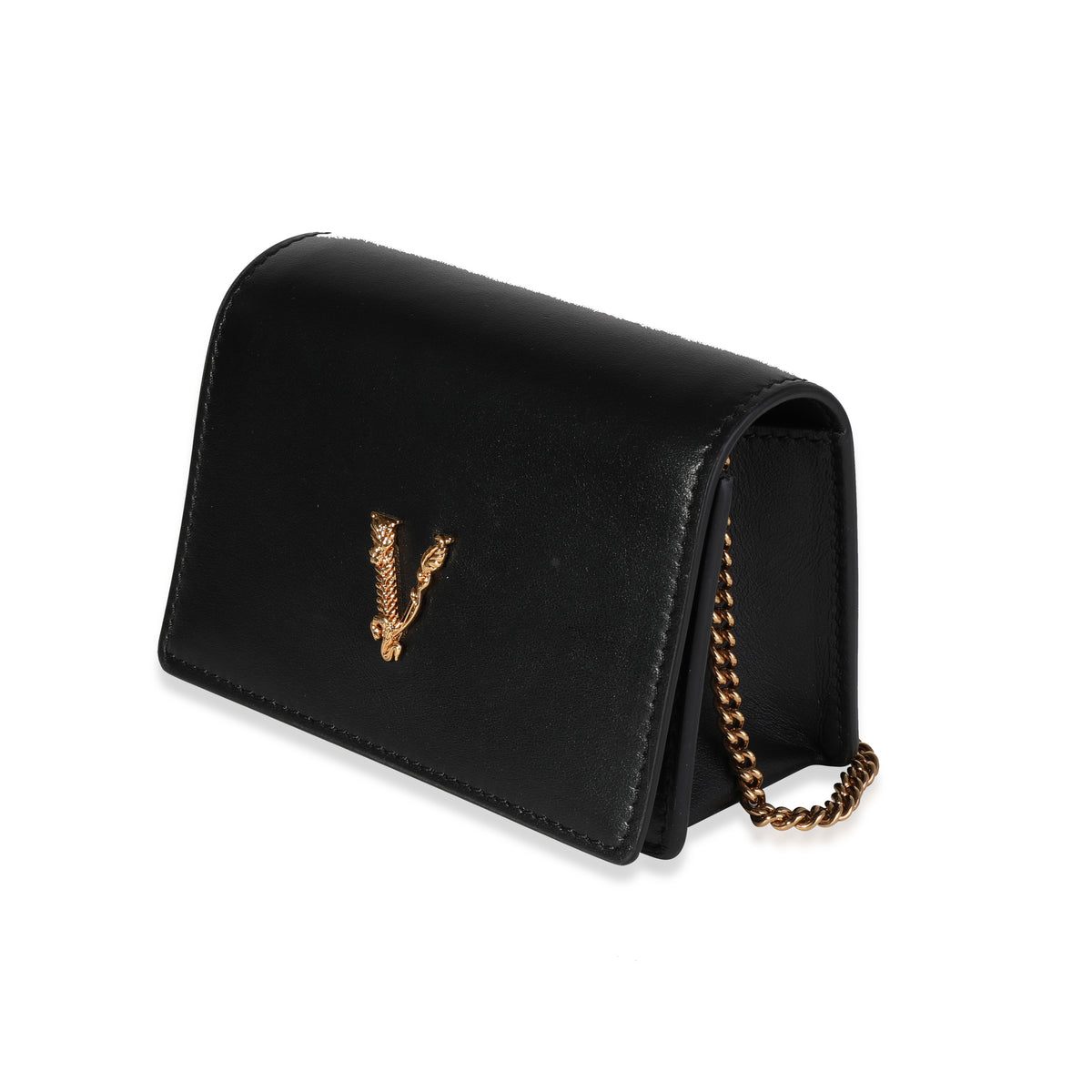 Versace Black Leather Virtus Mini Chain Wallet
