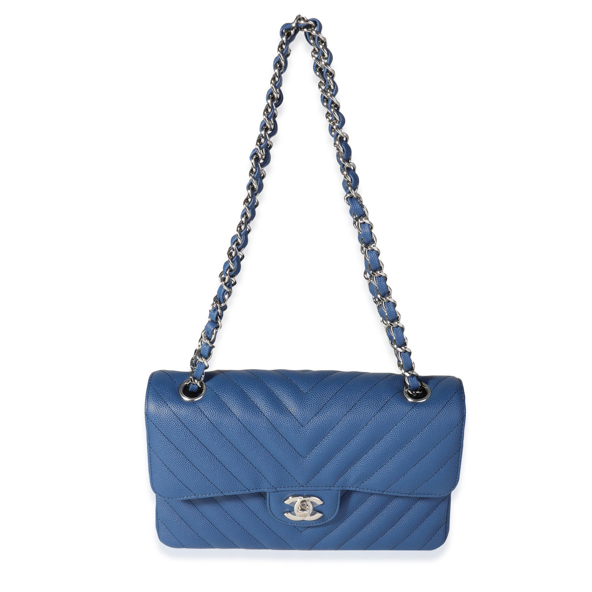 Chanel Blue Caviar Quilted Chevron Small Classic Double Flap Bag