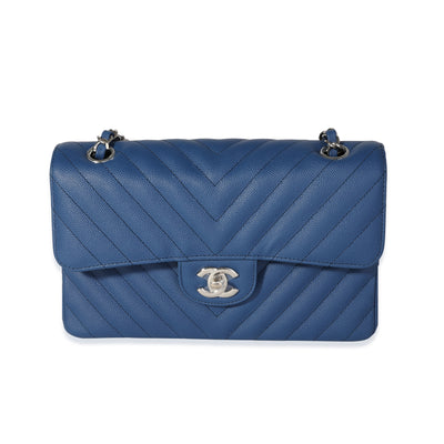 Chanel Blue Caviar Quilted Chevron Small Classic Double Flap Bag