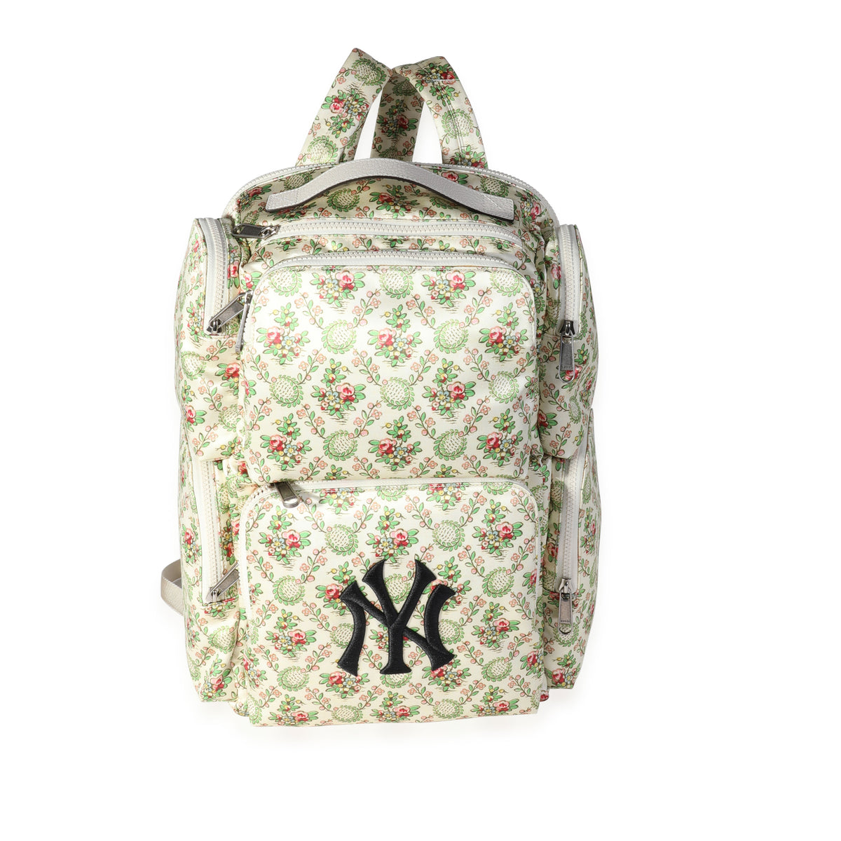 Gucci Creme and Multicolor Satin Floral Print NY Yankees Patch Backpack