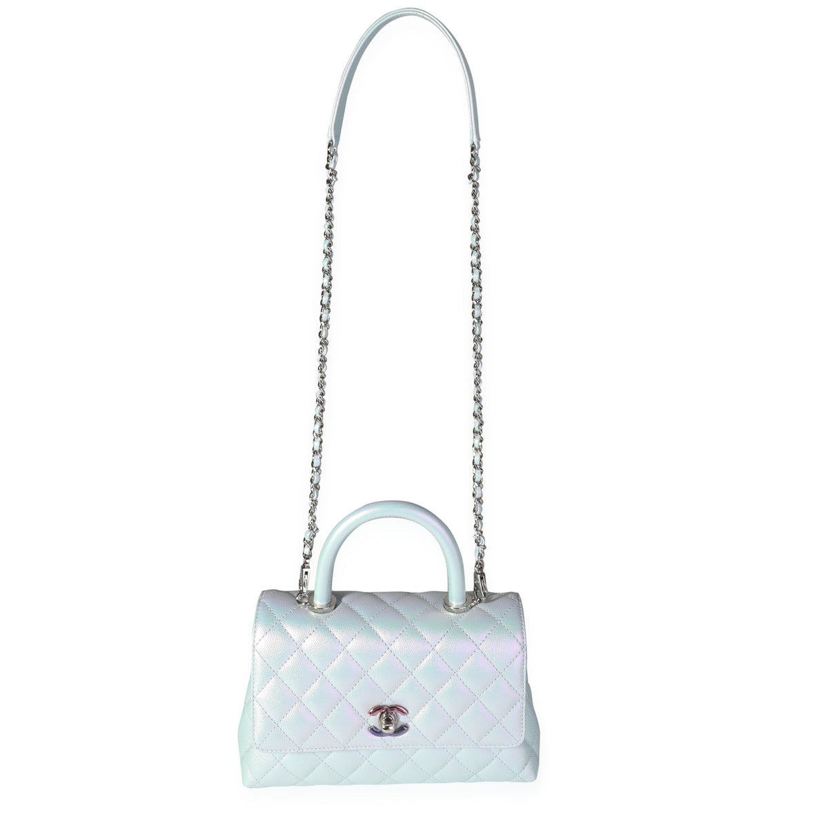Chanel Light Blue Iridescent Quilted Caviar Small Coco Top Handle