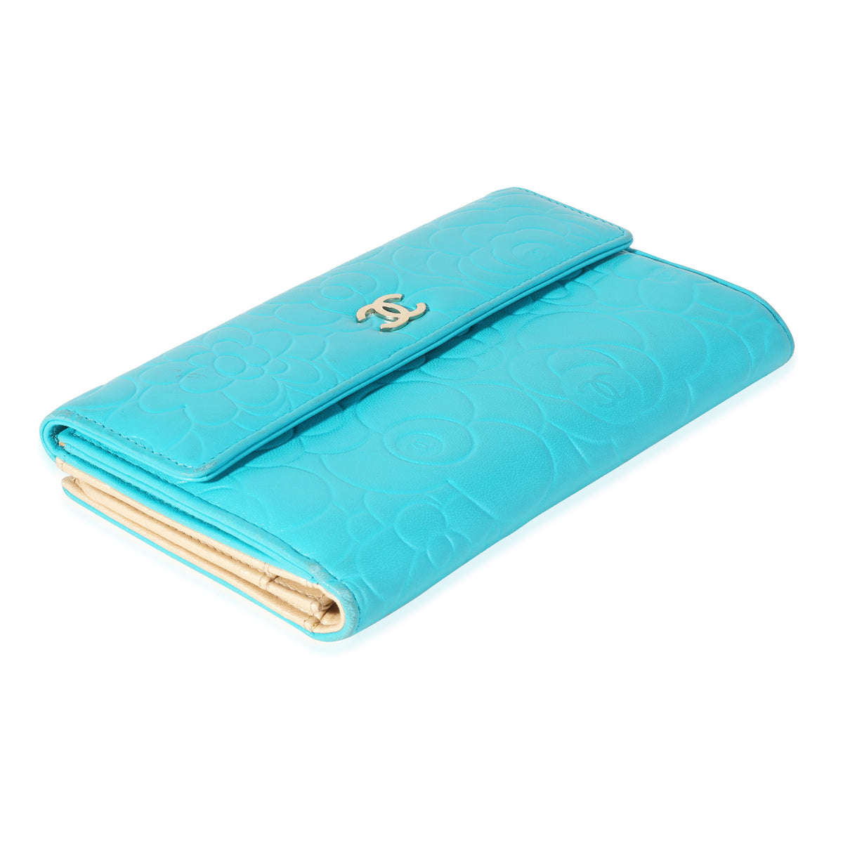 Chanel Teal Camellia-Embossed Lambskin Wallet