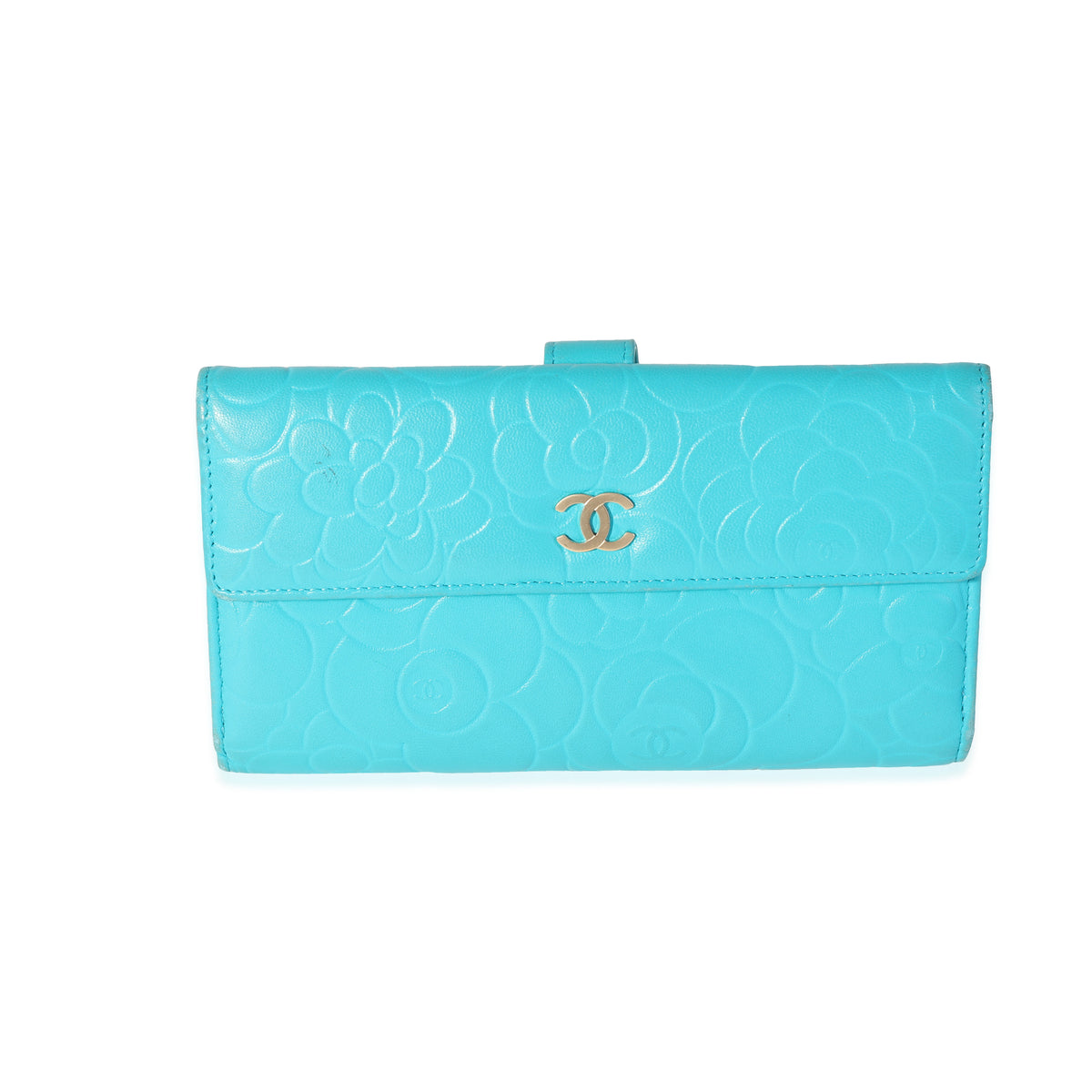Chanel Teal Camellia-Embossed Lambskin Wallet