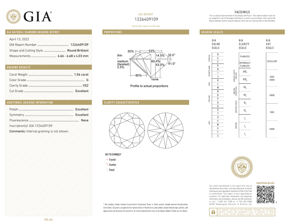 GIA Certified 1.06 Ct Round cut G VS2 Loose Diamond