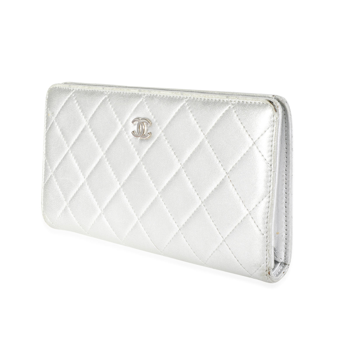 Chanel Metallic Silver Quilted Lambskin Leather CC L-Yen Wallet