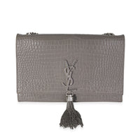 Saint Laurent Grey Crocodile-Embossed Leather Medium Cassandre Tassel Bag