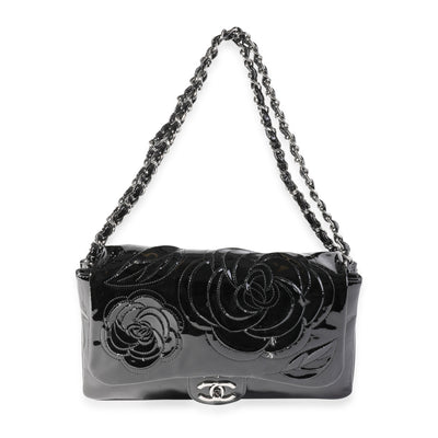 Chanel Black Patent Leather Tweed Camellia Petals Flap Bag