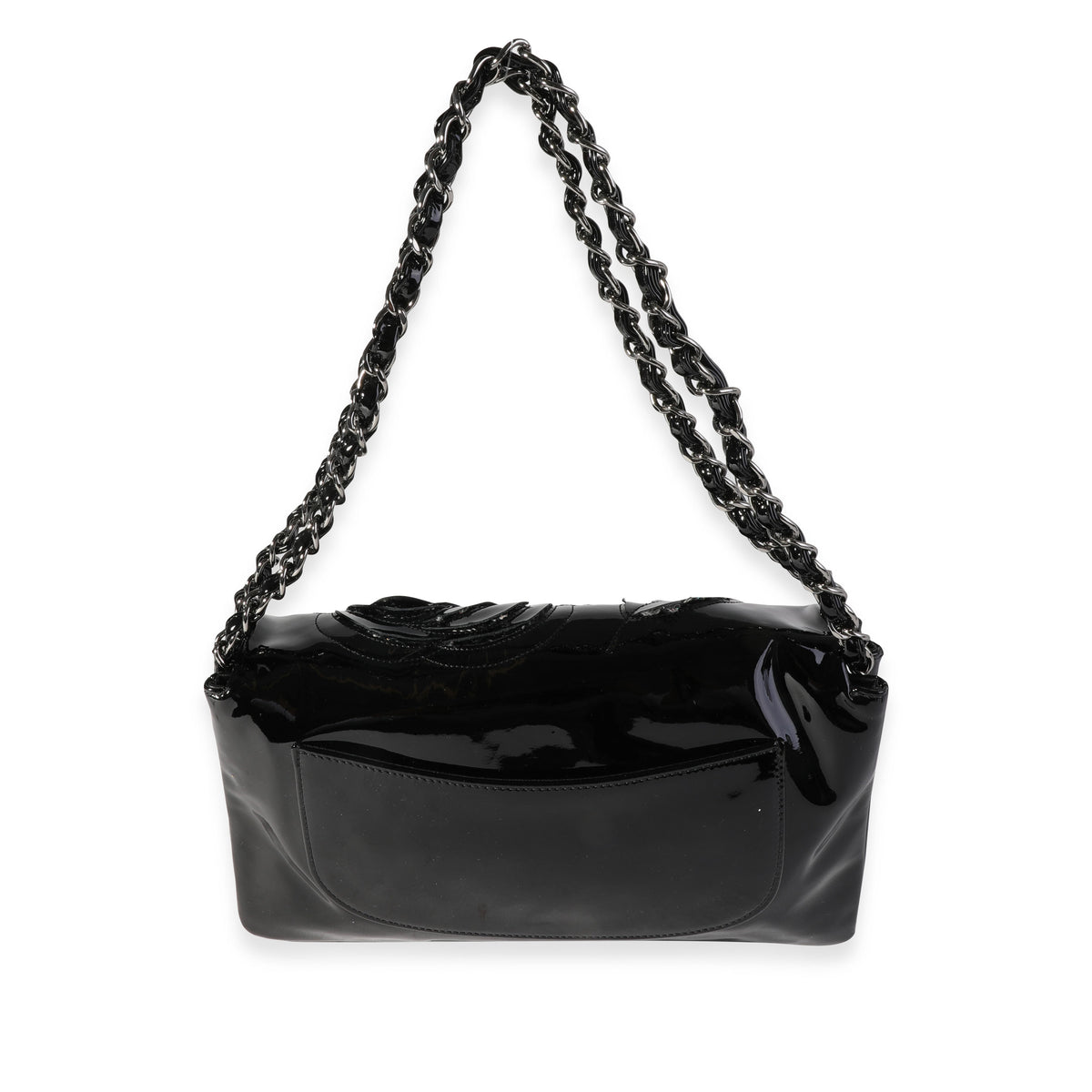 Chanel Black Patent Leather Tweed Camellia Petals Flap Bag
