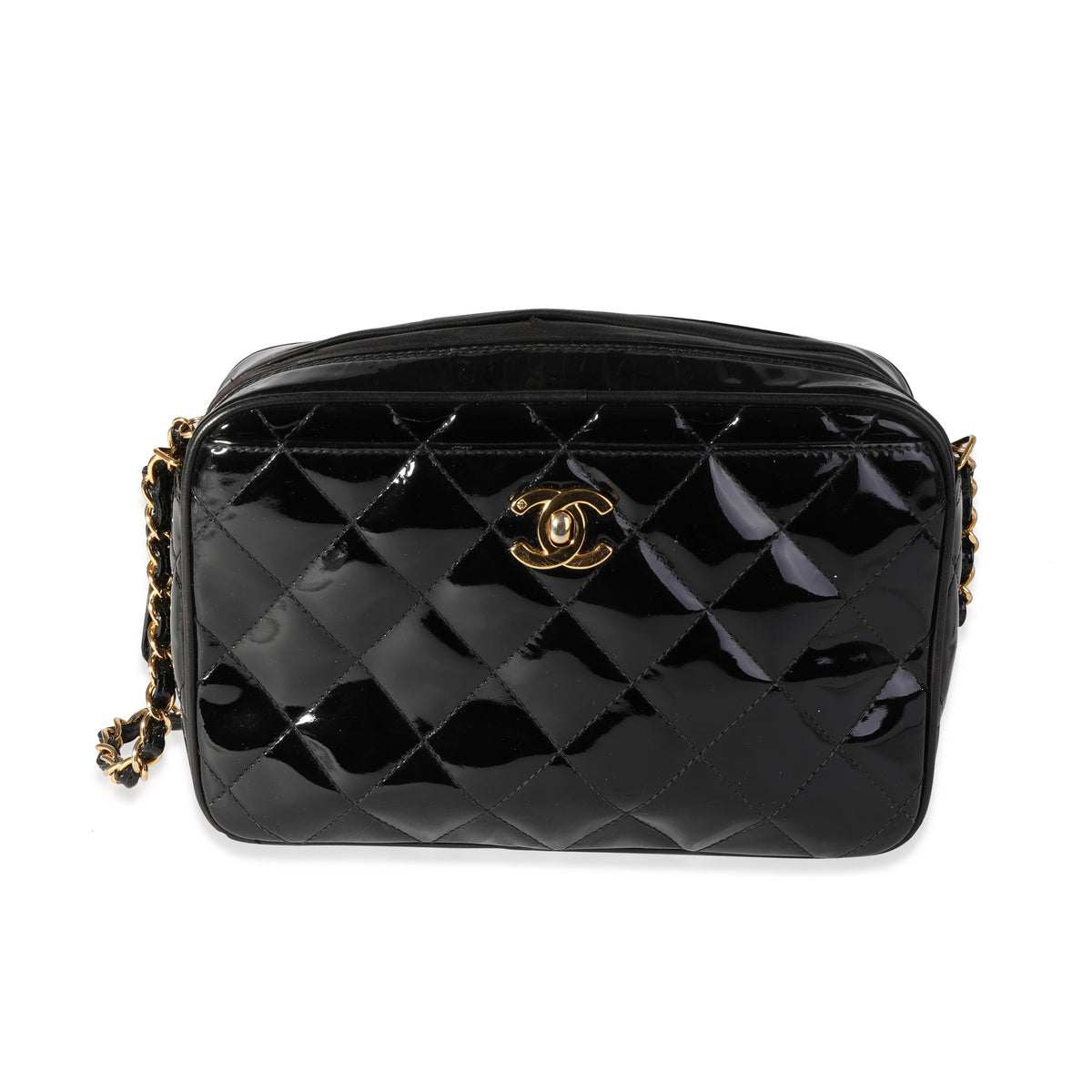 Chanel Vintage Black Quilted Patent Leather Camera Bag