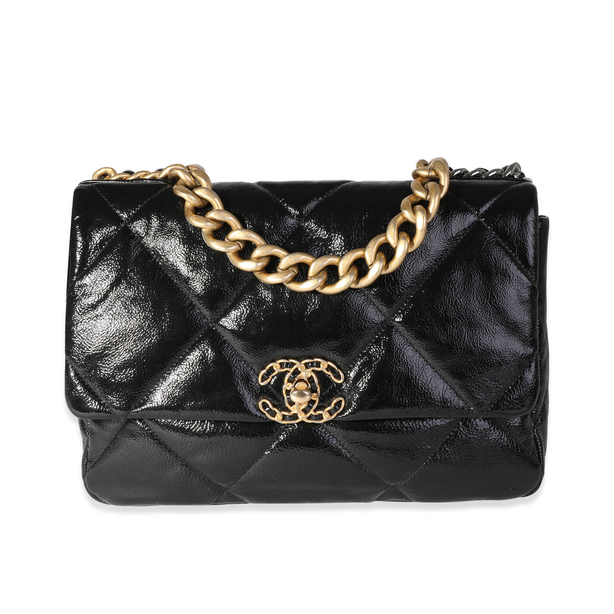 Chanel Black Quilted Patent Leather Large Chanel 19 Bag