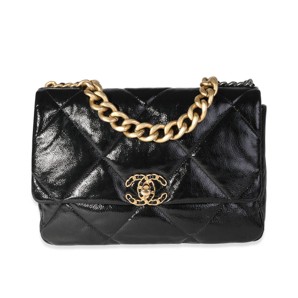 Chanel Black Quilted Patent Leather Large Chanel 19 Bag For Sale