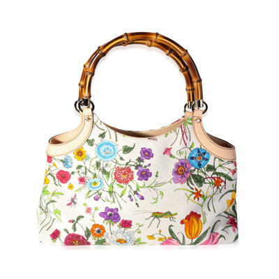 Gucci Multicolor Canvas & Beige Leather Flora Bamboo Handle Bag