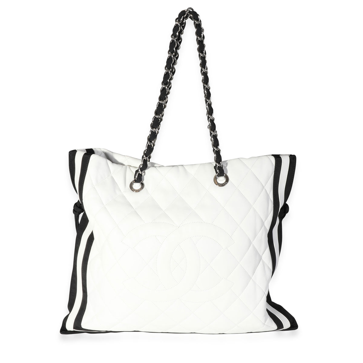 Chanel White Quilted Lambskin & Black Grosgrain CC Drawstring Tote, myGemma