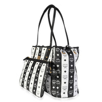 MCM Black & White Striped Visetos Large Reversible Tote