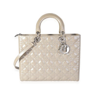 Christian Dior Grey Pearlized Cannage Patent Calfskin Large Lady Dior Bag