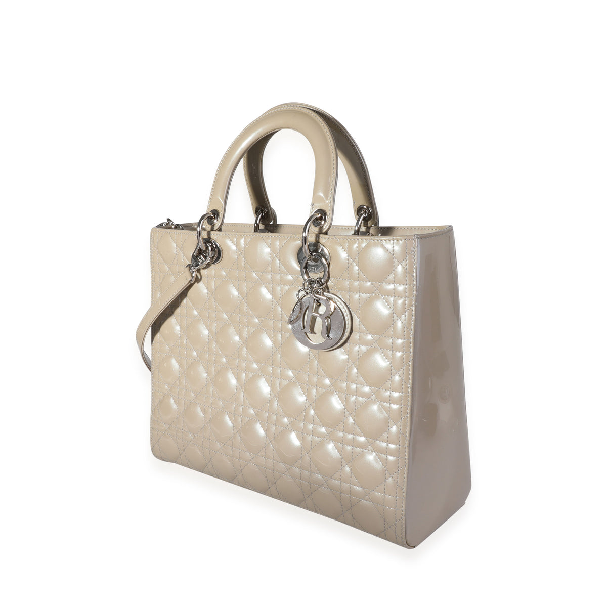 Christian Dior Grey Pearlized Cannage Patent Calfskin Large Lady Dior Bag