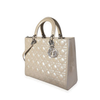 Christian Dior Grey Pearlized Cannage Patent Calfskin Large Lady Dior Bag