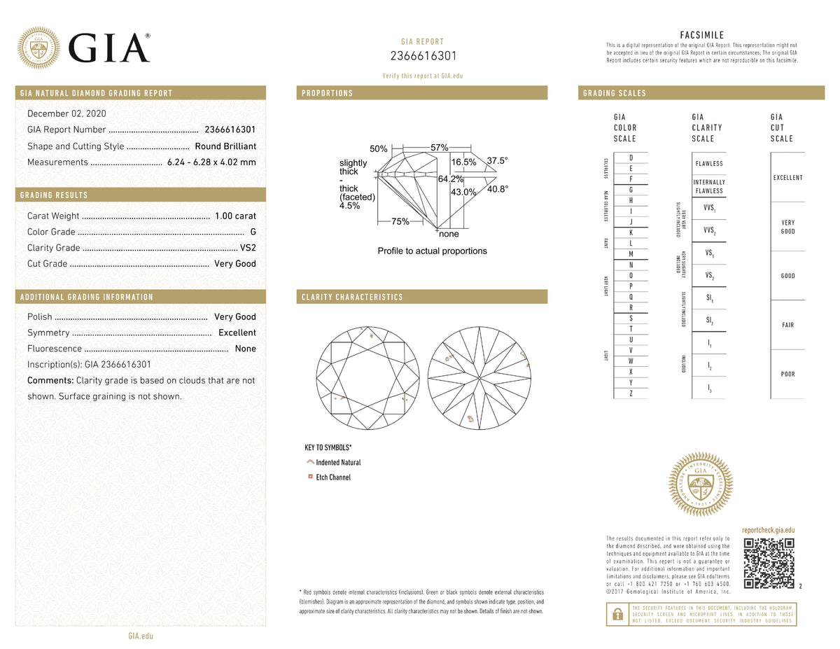 GIA Certified 1.00 Ct Round cut G VS2 Loose Diamond