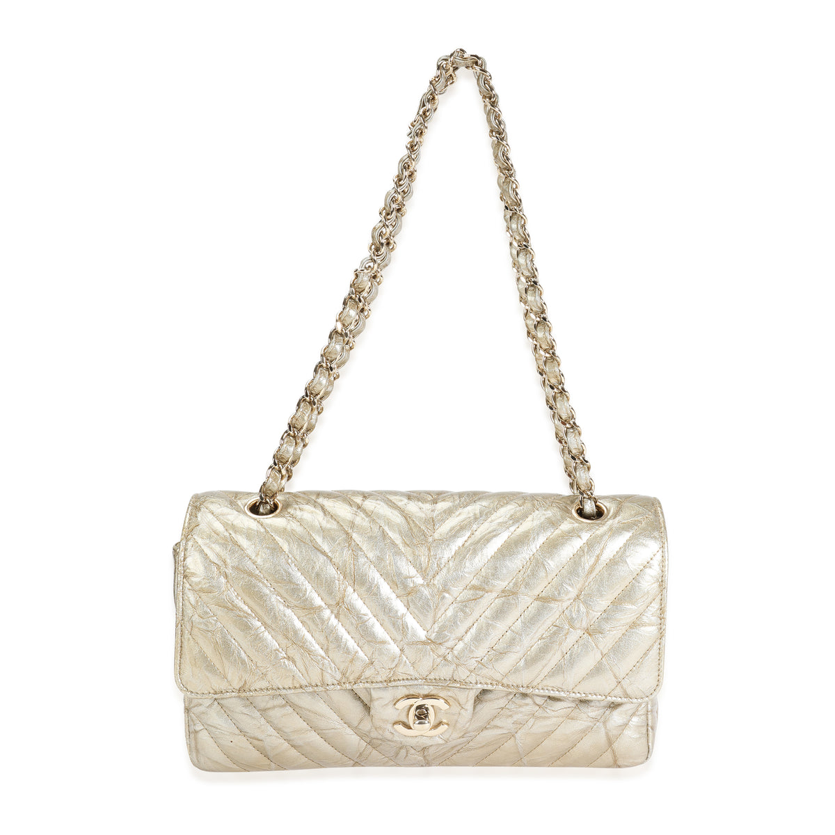 Chanel Classic Double Flap Bag Quilted Striated Metallic Patent Jumbo at  1stDibs