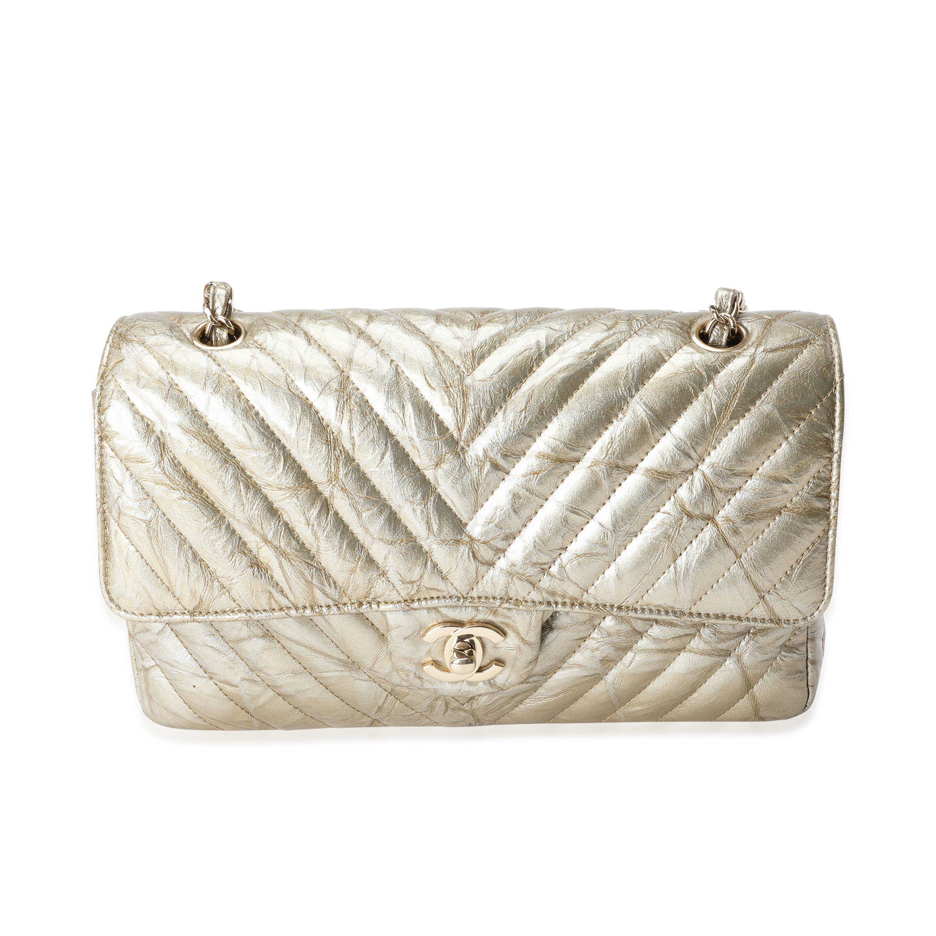 Chanel Gold Chevron Quilted Patent Leather Medium Classic Double Flap Bag