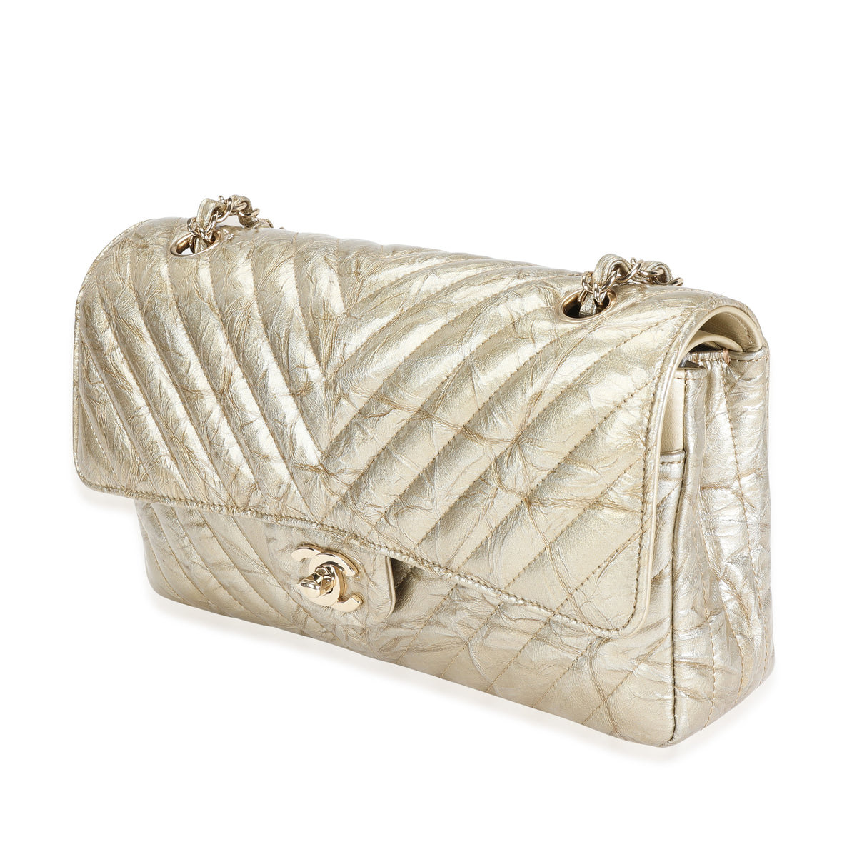 Chanel Gold Chevron Quilted Patent Leather Medium Classic Double Flap Bag