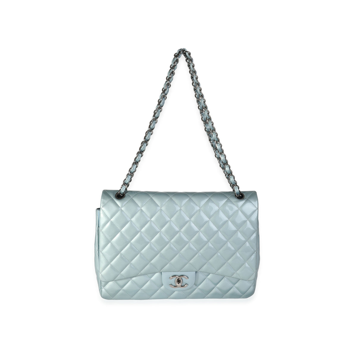 Chanel Light Blue Quilted Patent Leather Maxi Classic Double Flap, myGemma