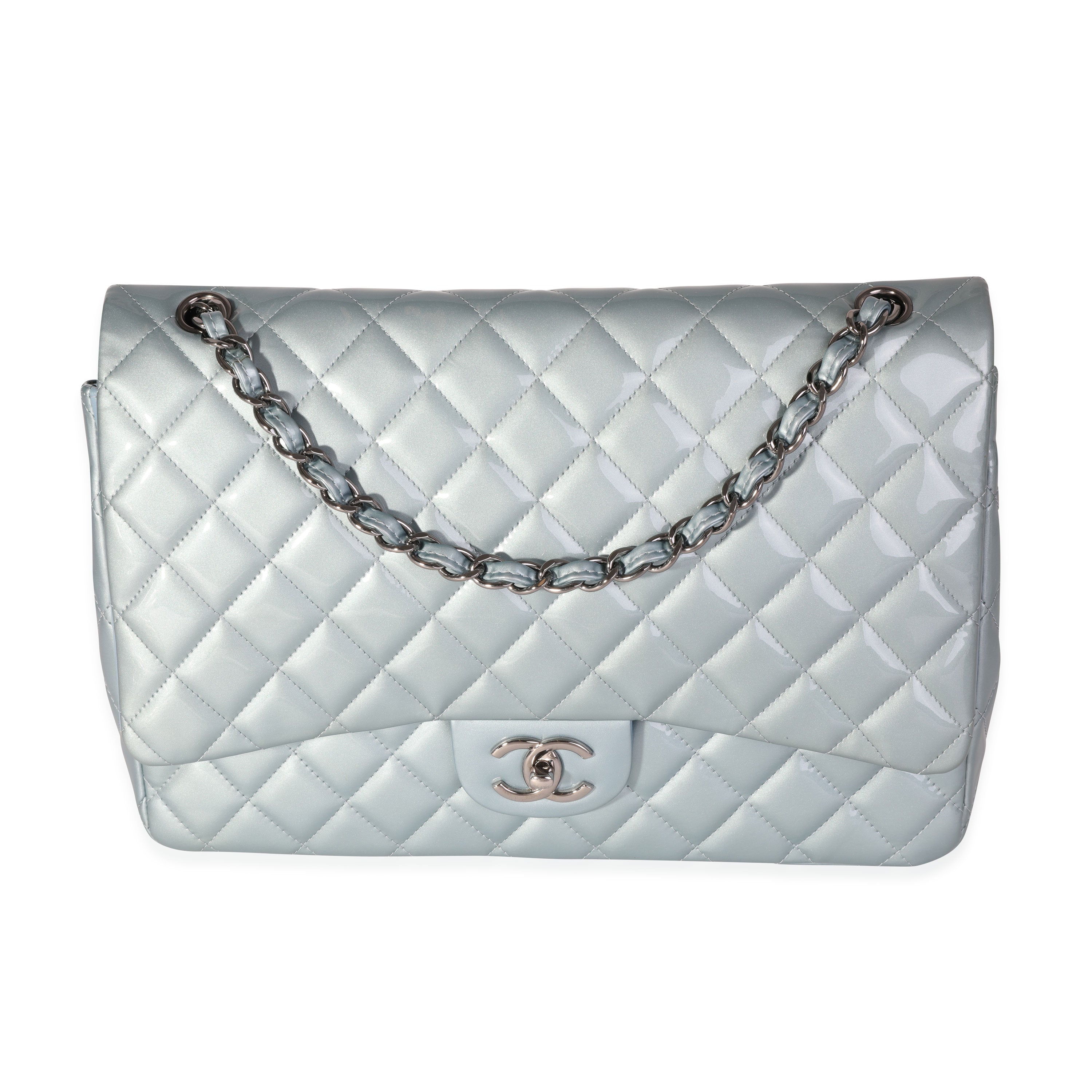 Chanel Light Blue Quilted Patent Leather Maxi Classic Double Flap, myGemma, FR