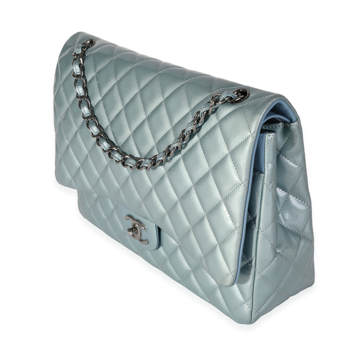 Chanel Light Blue Quilted Patent Leather Maxi Classic Double Flap