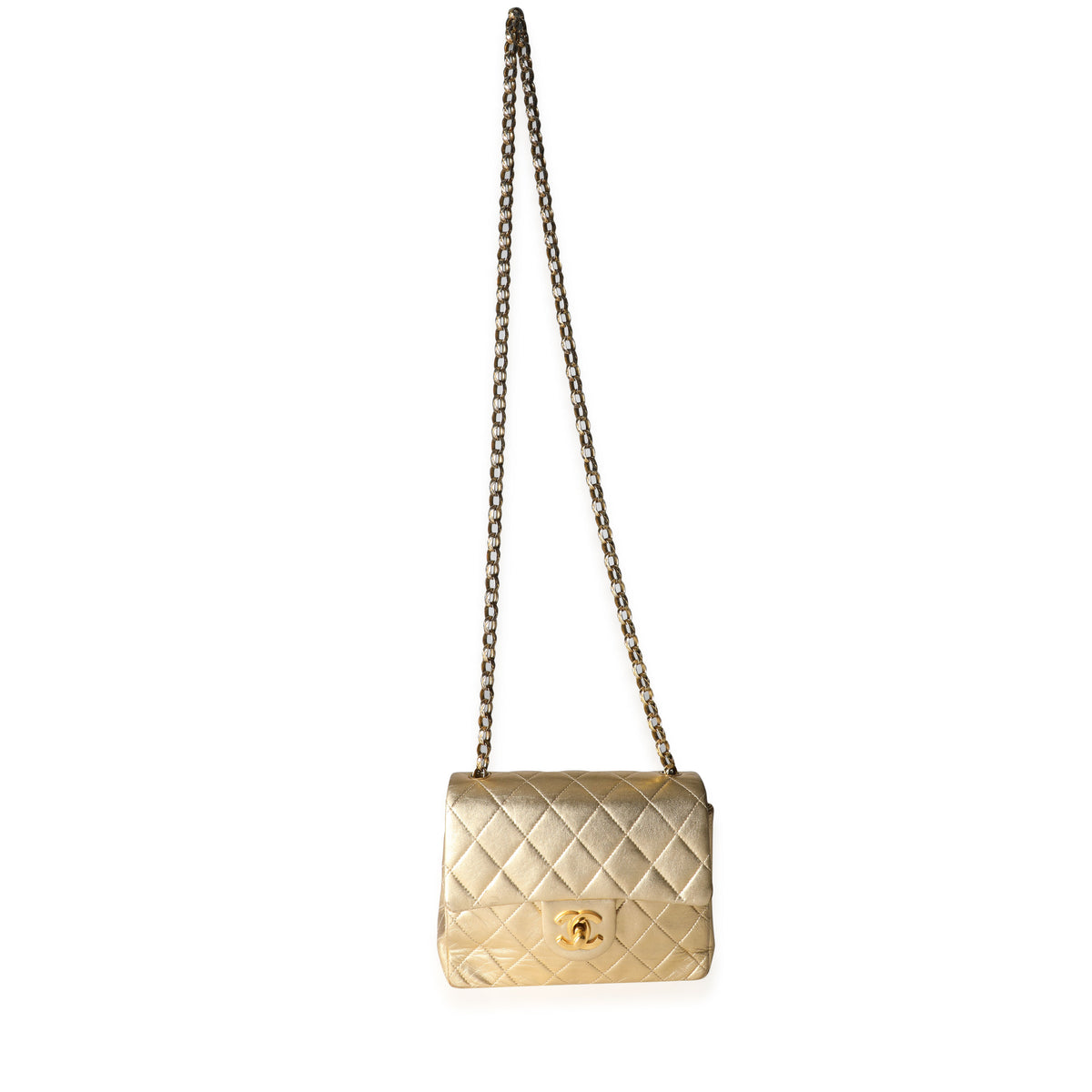 Chanel Metallic Gold Quilted Lambskin Extra Mini Chain Flap Shoulder Bag