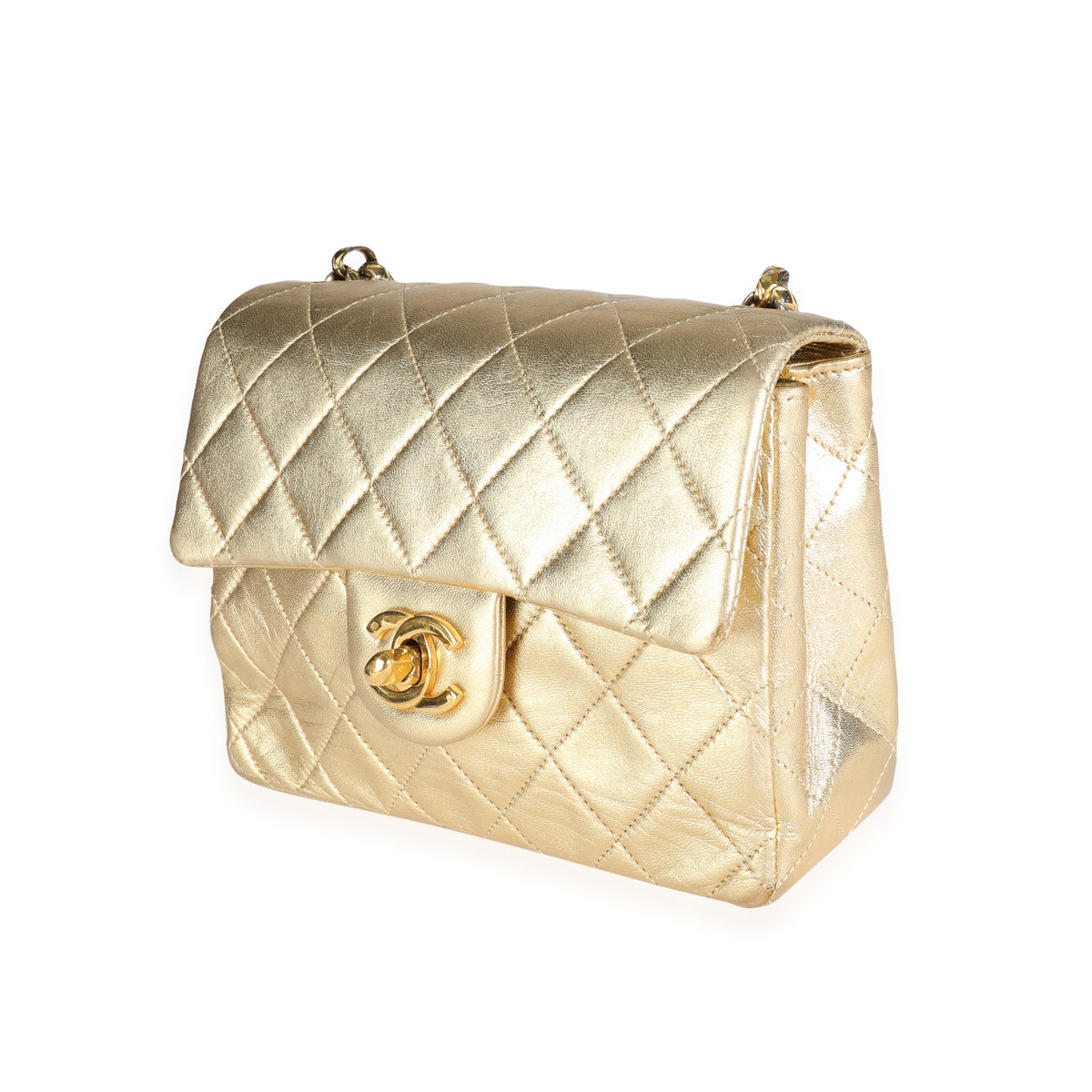 Chanel Metallic Gold Quilted Lambskin Extra Mini Chain Flap
