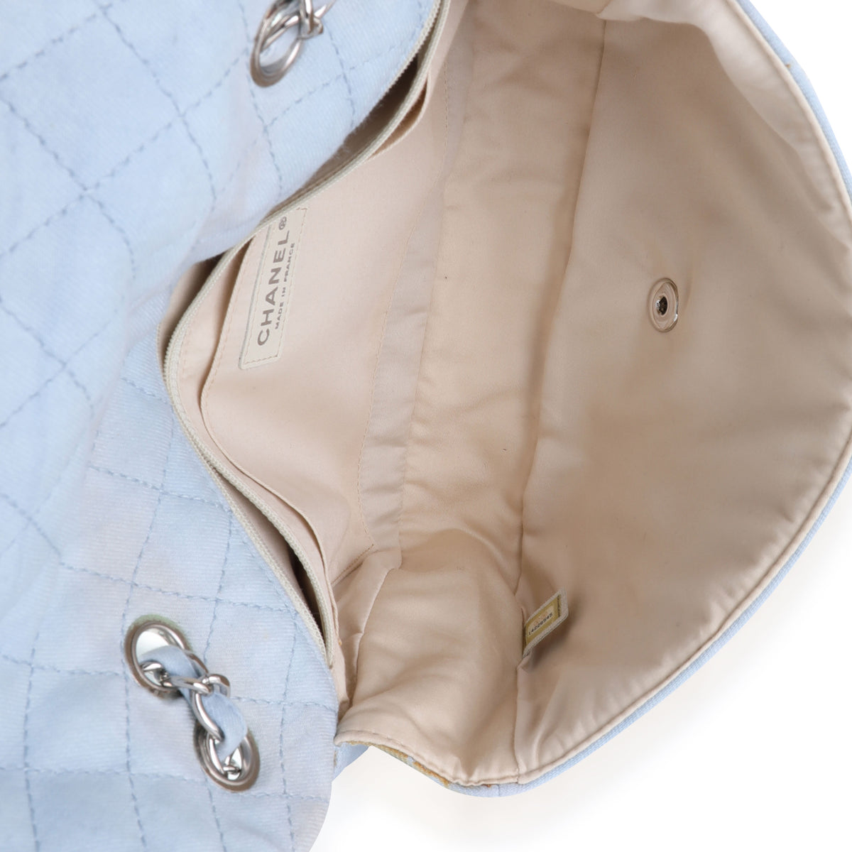 Chanel Light Blue Quilted Denim Swarovski Crystal Single Flap Bag