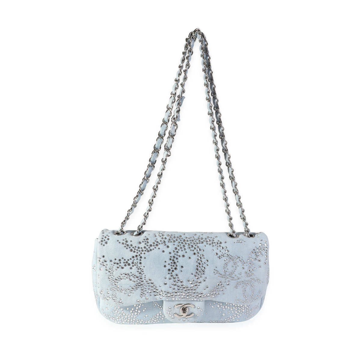 CHANEL Light Blue Quilted Denim and Crystal Embroidered Flap Bag