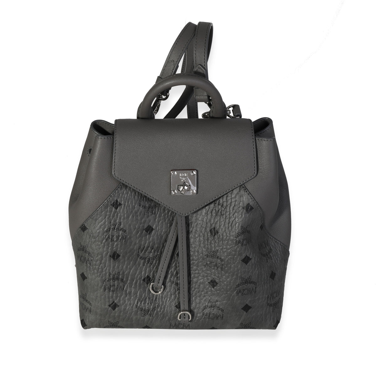 essential mini crossbody backpack in visetos MCM Small Cognac Caroline's Fashion Luxuries single interior compartment MCM Grey Visetos Essential Leather