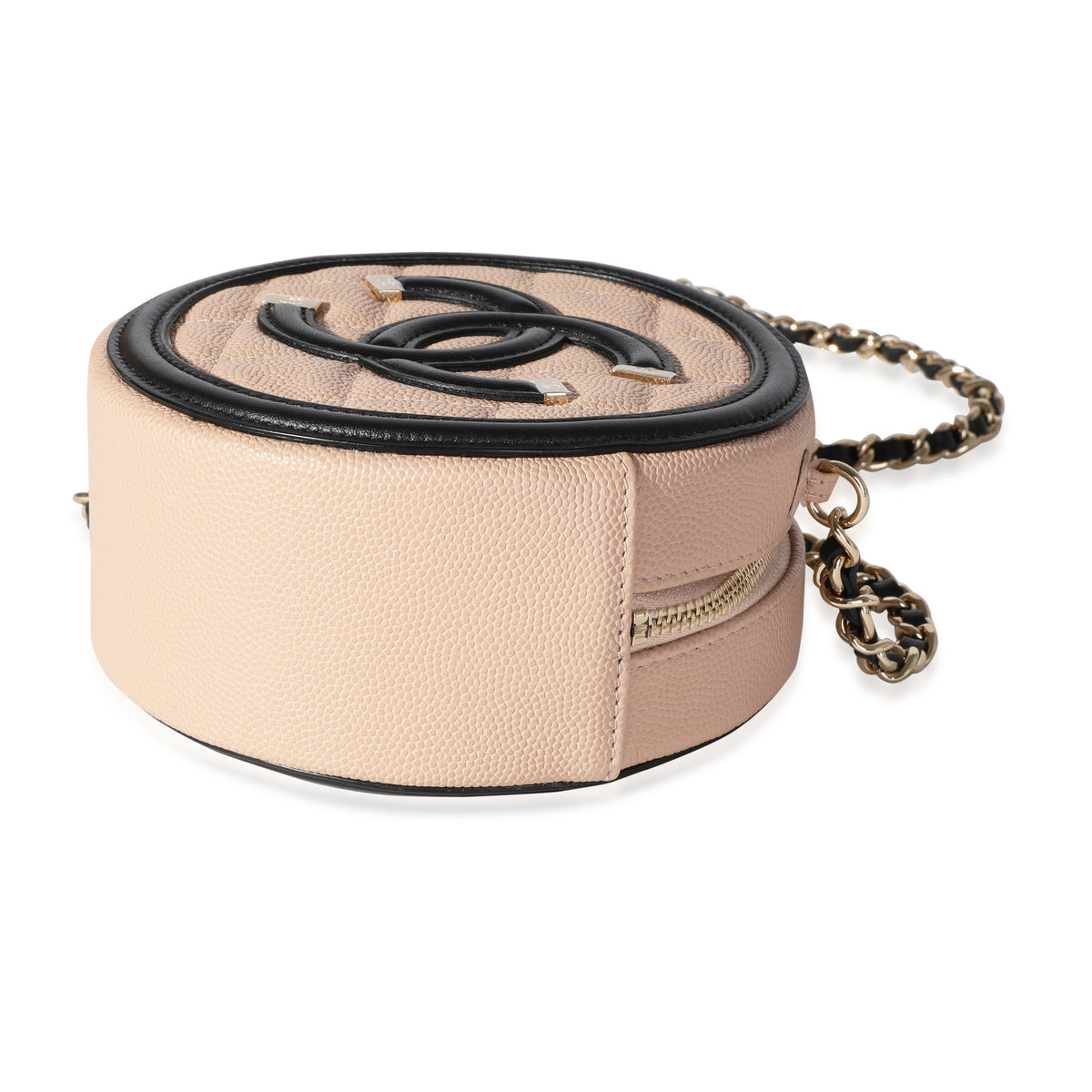 Chanel Black Caviar CC Filigree Round Chain Clutch Available For
