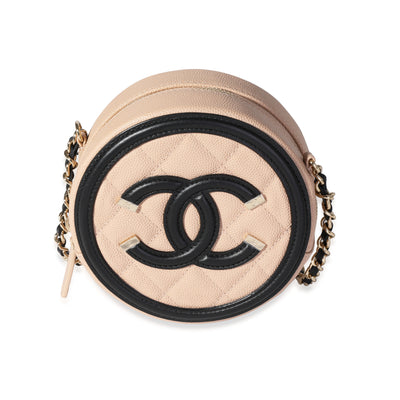 Chanel Beige & Black Caviar Quilted Round Filigree Crossbody