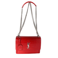 Saint Laurent Red Shiny Croc Embossed Medium Sunset Crossbody Bag