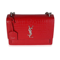 Saint Laurent Red Shiny Croc Embossed Medium Sunset Crossbody Bag