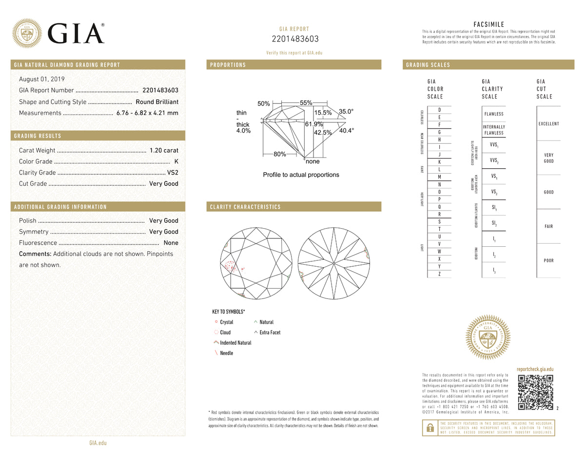 GIA Certified Round cut Diamond Engagement Ring K VS2 1.20 CT