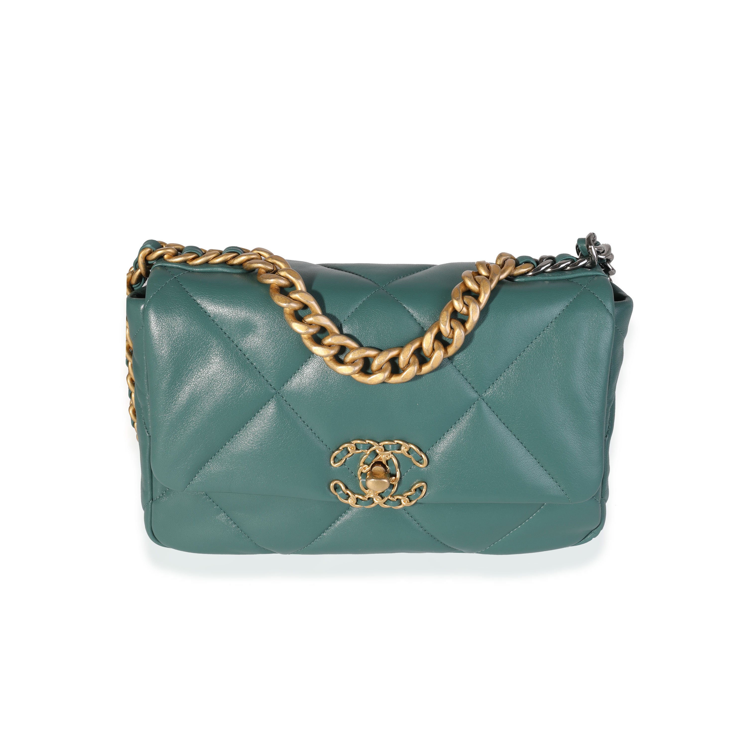 CHANEL Goatskin Quilted Medium Chanel 19 Flap Turquoise 445653