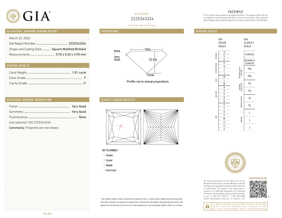 GIA Certified 1.01 Ct Princess cut F I1 Loose Diamond