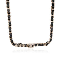 Silver Tone Chanel Leather & Chain Choker With Strass CC Necklace