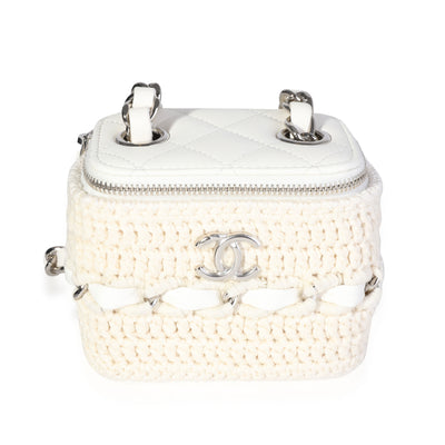 Chanel White Lambskin Quilted & Natural Crochet Mini Vanity Bag