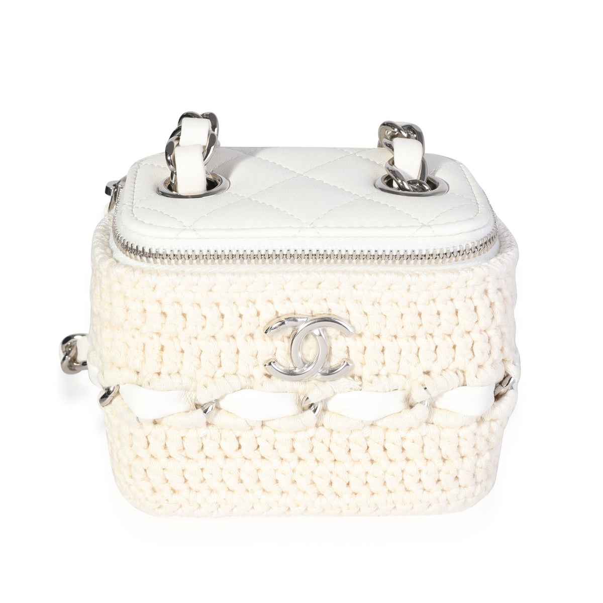 Chanel White Lambskin Quilted & Natural Crochet Mini Vanity Bag - Handbag | Pre-owned & Certified | used Second Hand | Unisex