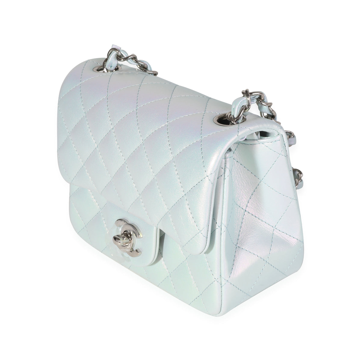 Chanel Light Blue Iridescent Quilted Calfskin Square Mini Classic Flap Bag